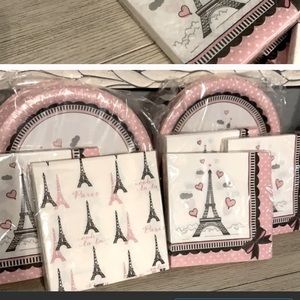 All paper plates, napkins and large Eiffel Tower.